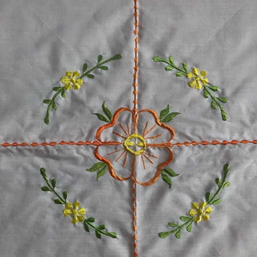 Vintage 75” Round Embroidered Yellow Orange Floral Ivory Table Cloth